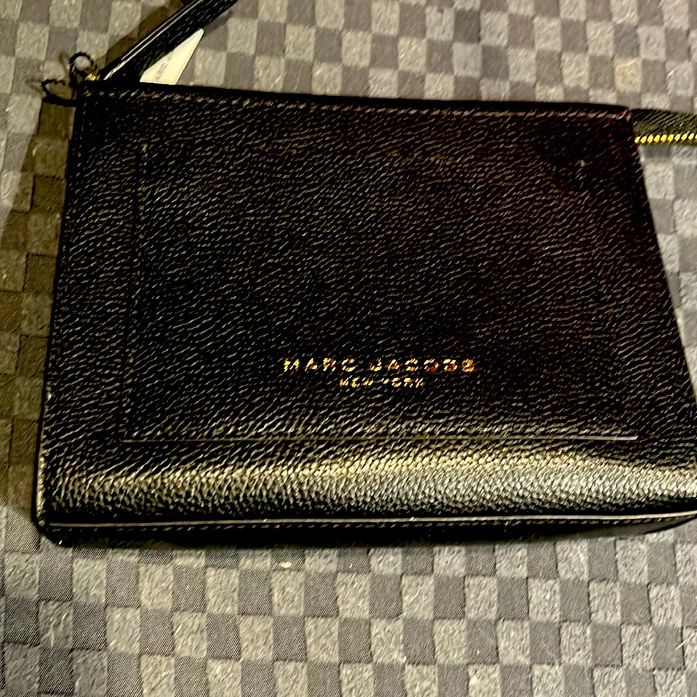 Marc Jacobs leather pouch​ black with gold accents 7.5 length 6 height width 2